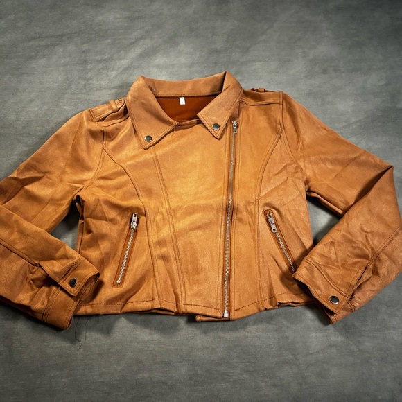 Women's Tan Faux Suede Motorcycle Jacket - Picture 4 of 8